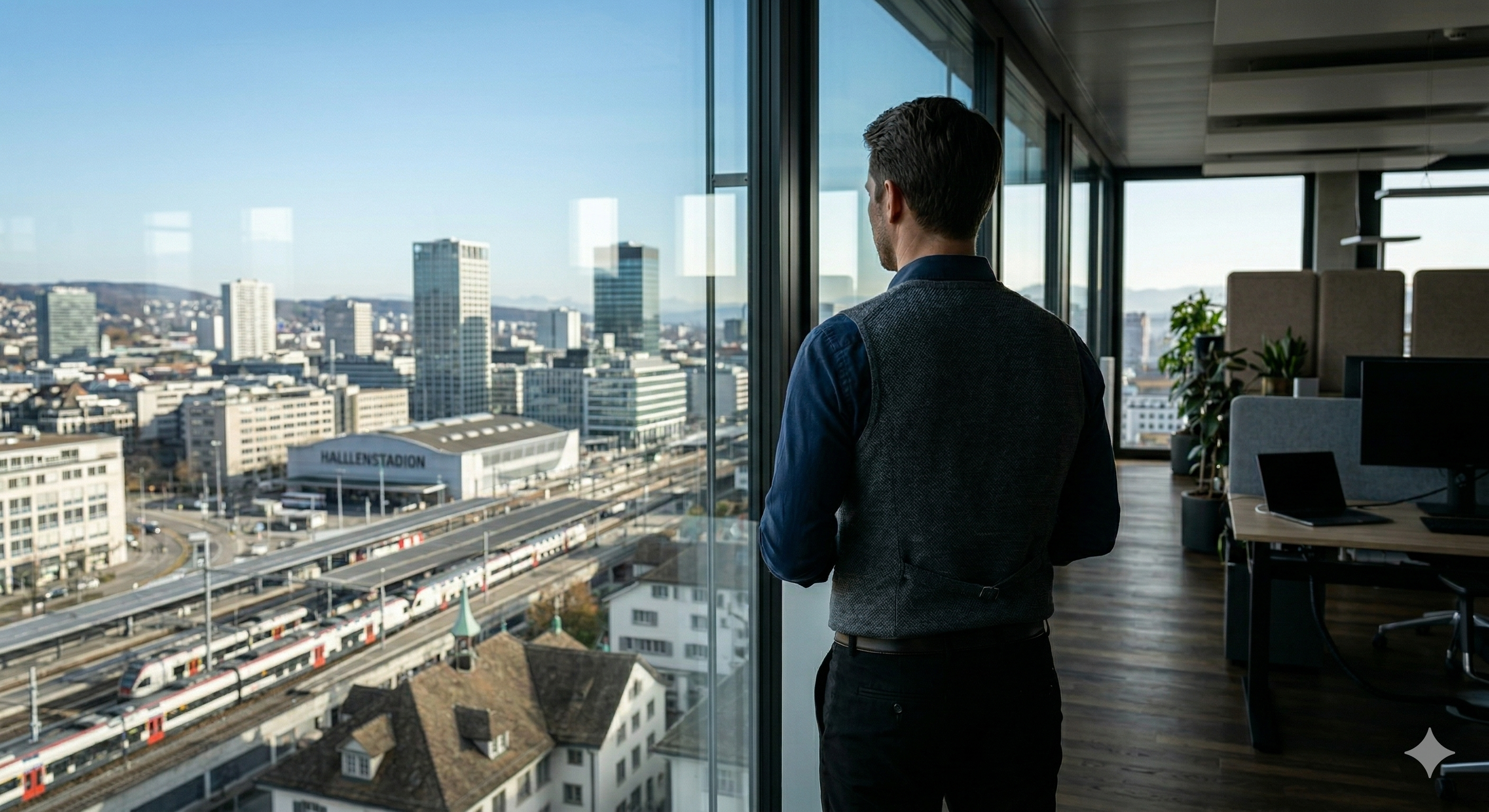 Two women sitting at a modern table talking with a city view behind them.